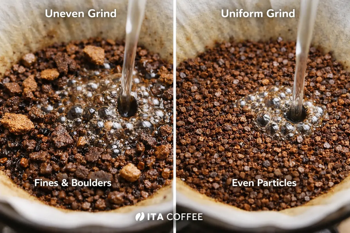 pour over grind particle uniformity comparison showing fines and boulders