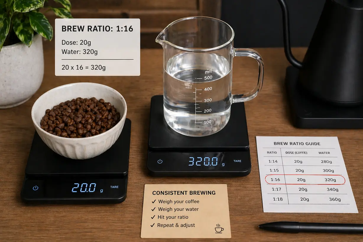 coffee scale measuring brew ratio for consistent extraction